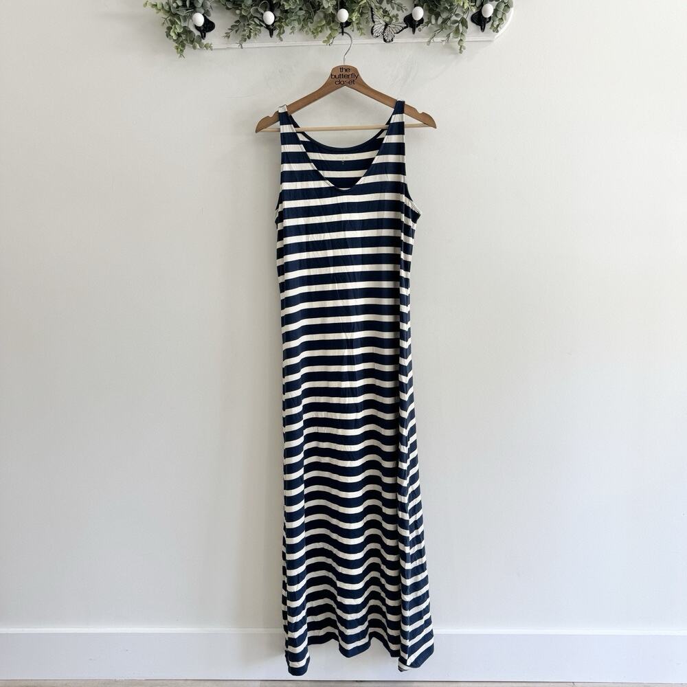 Garnet Hill Blue Striped Rayon Maxi Dress Sleeveless Medium 21-4733